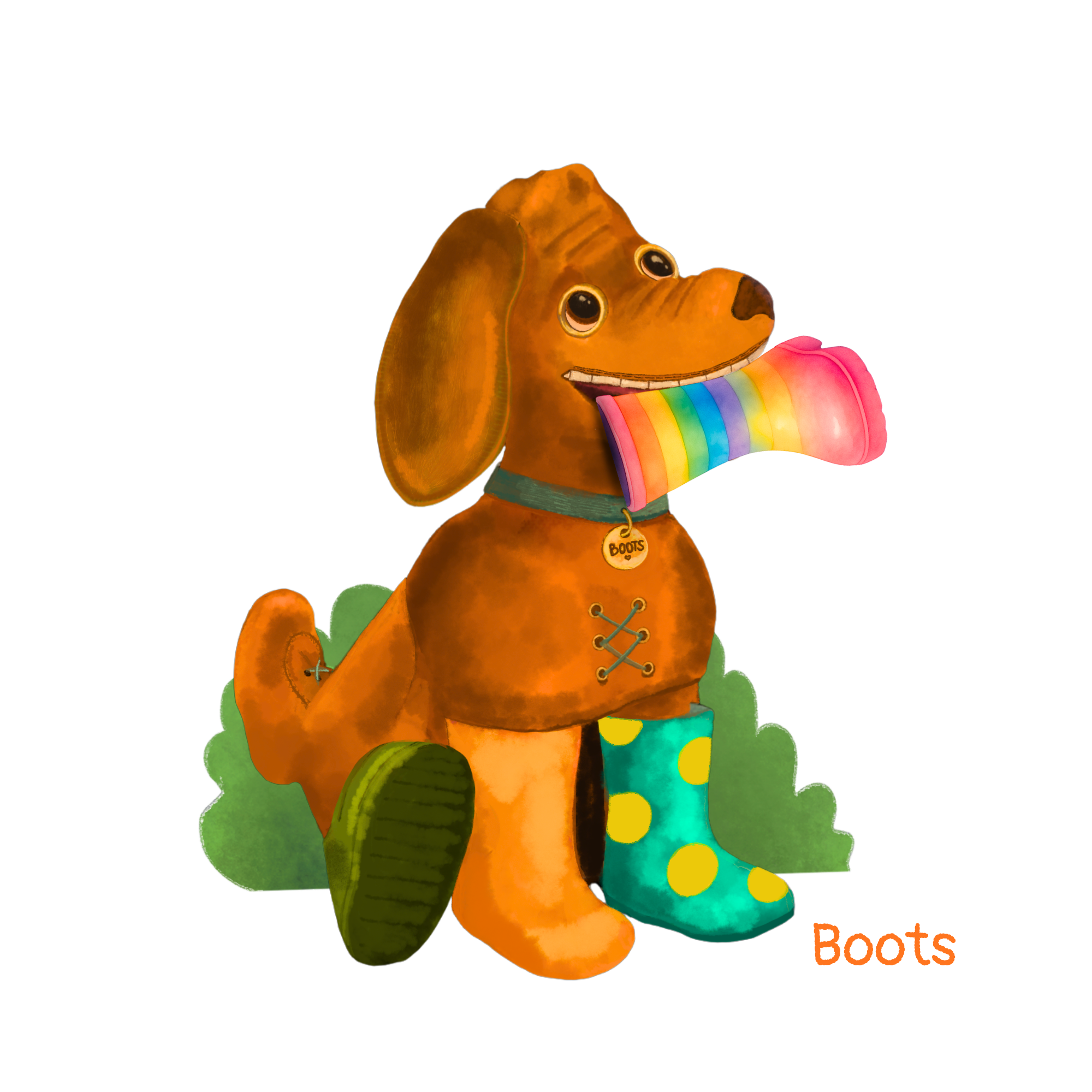 There was a flash of colour, and Goose's rainbow welly was gone! "Come back!" shouted Mimi. She hurled a bedraggled Goose onto her back, her soggy sock swinging as they all ran down the hill.